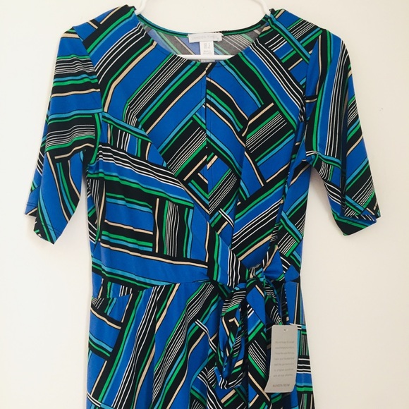 *DONATED* LONDON TIMES NWT Blue Green Black Striped Midi Dress Size 2 - Picture 4 of 11